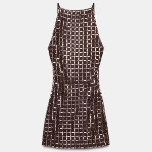 Zara Sparkly Mesh Brown Backless Short Dress
